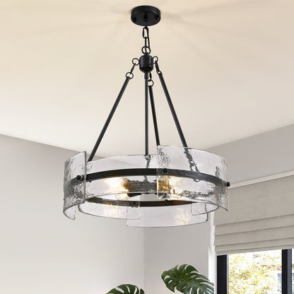 4-Light Black Dimmable Round Chandelier, Hand-Hammered Glass Pendant Light