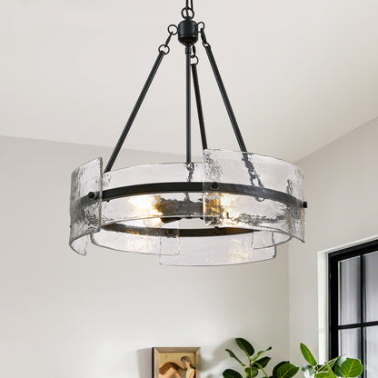 4-Light Black Dimmable Round Chandelier, Hand-Hammered Glass Pendant Light
