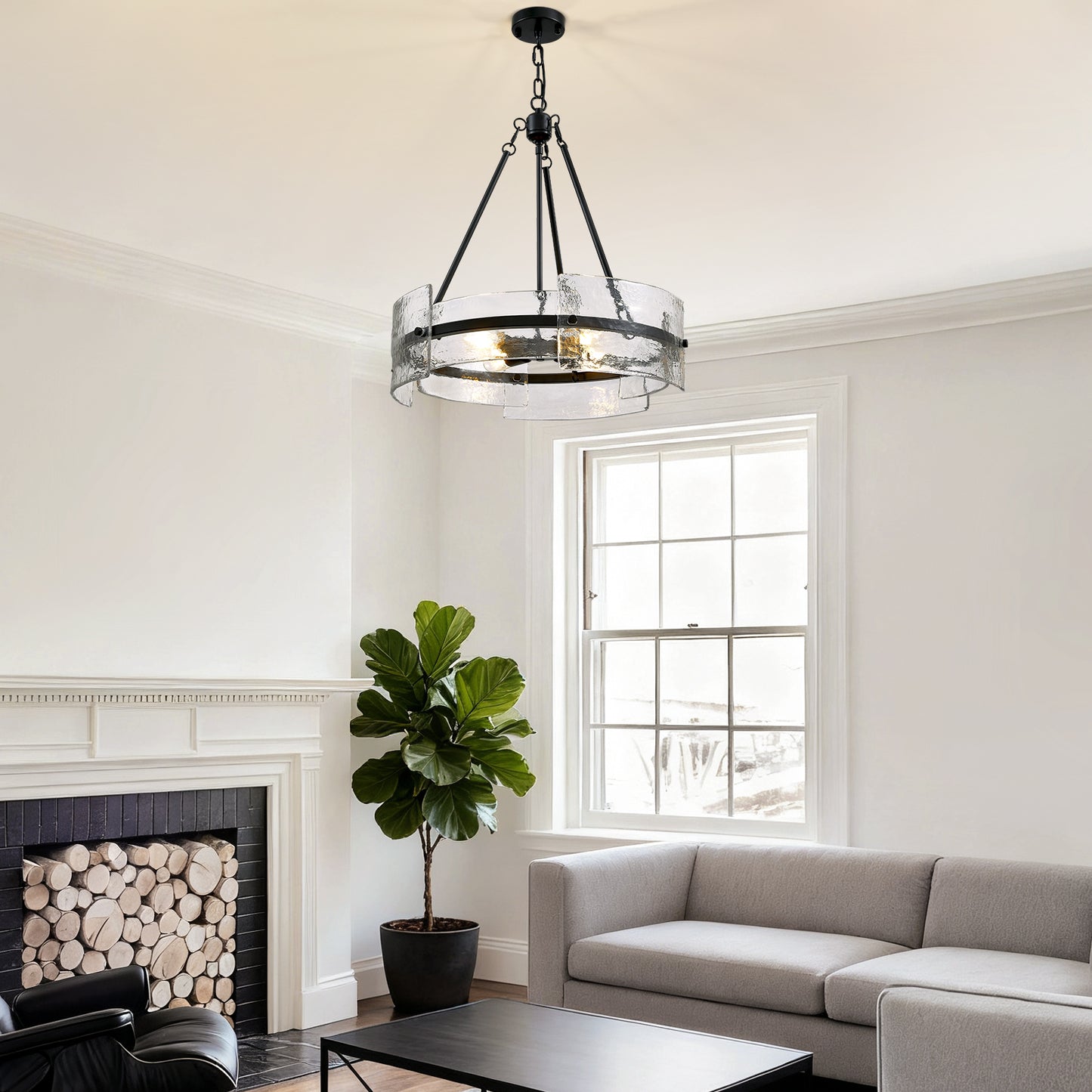 4-Light Black Dimmable Round Chandelier, Hand-Hammered Glass Pendant Light