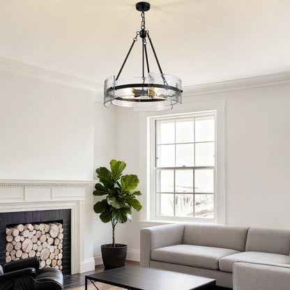 4-Light Black Dimmable Round Chandelier, Hand-Hammered Glass Pendant Light