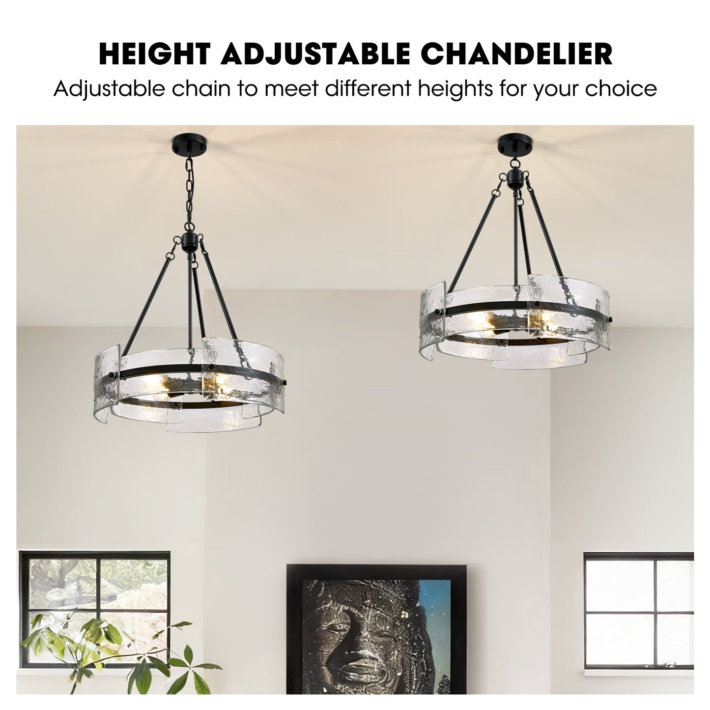 4-Light Black Dimmable Round Chandelier, Hand-Hammered Glass Pendant Light