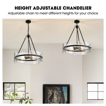 4-Light Black Dimmable Round Chandelier, Hand-Hammered Glass Pendant Light