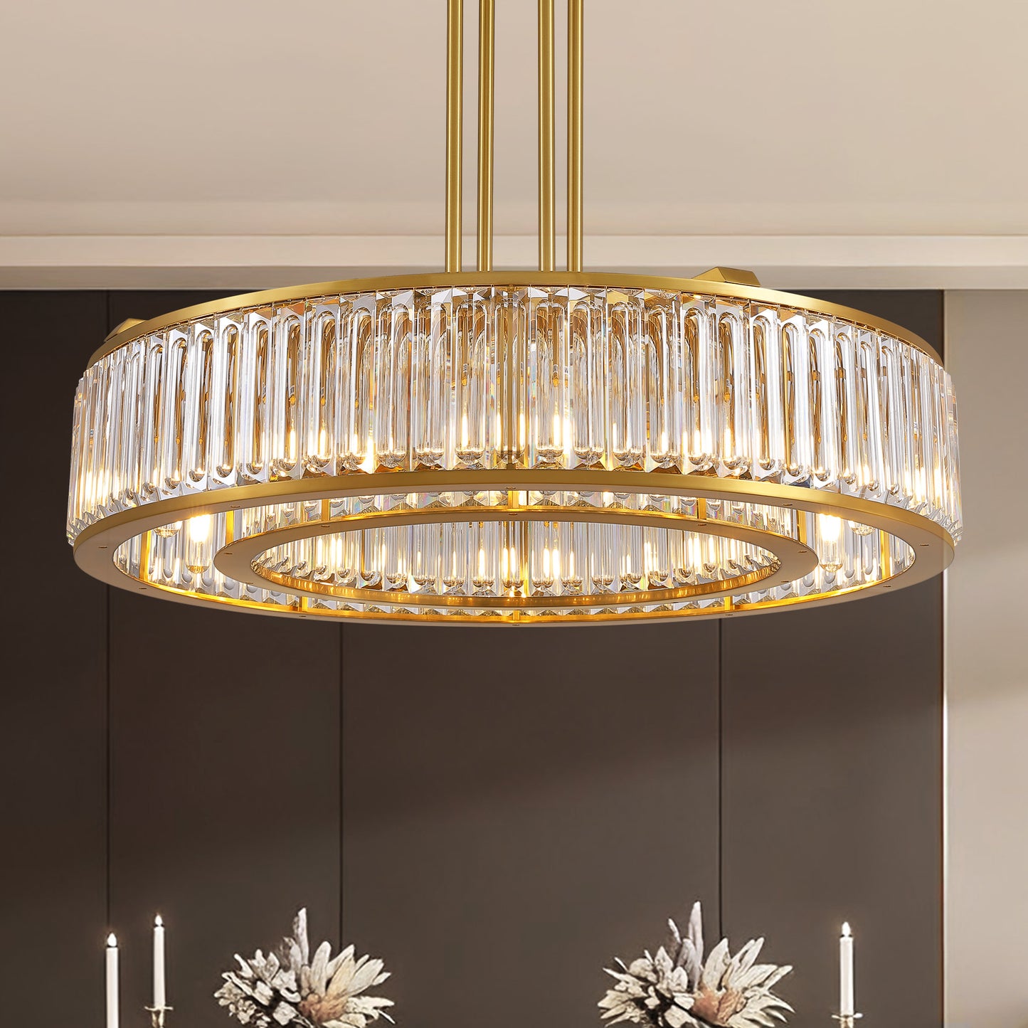 37 in. Modern 10-Light Double-Layer Gold Round Crystal Chandelier Suitable for the Kitchen Living Room and Foyer