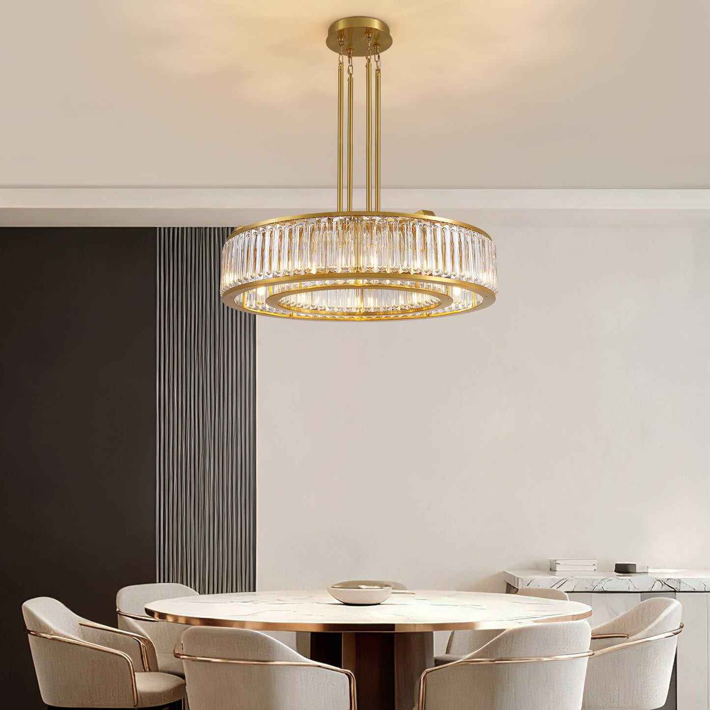 37 in. Modern 10-Light Double-Layer Gold Round Crystal Chandelier Suitable for the Kitchen Living Room and Foyer