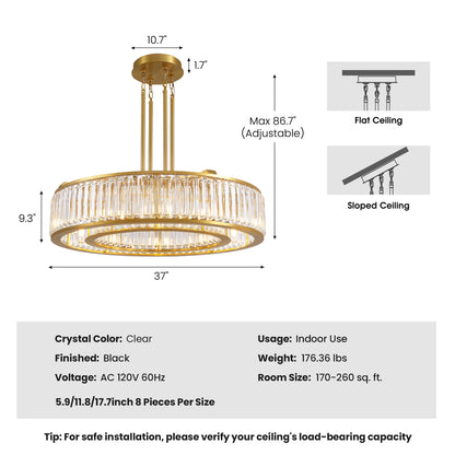 37 in. Modern 10-Light Double-Layer Gold Round Crystal Chandelier Suitable for the Kitchen Living Room and Foyer