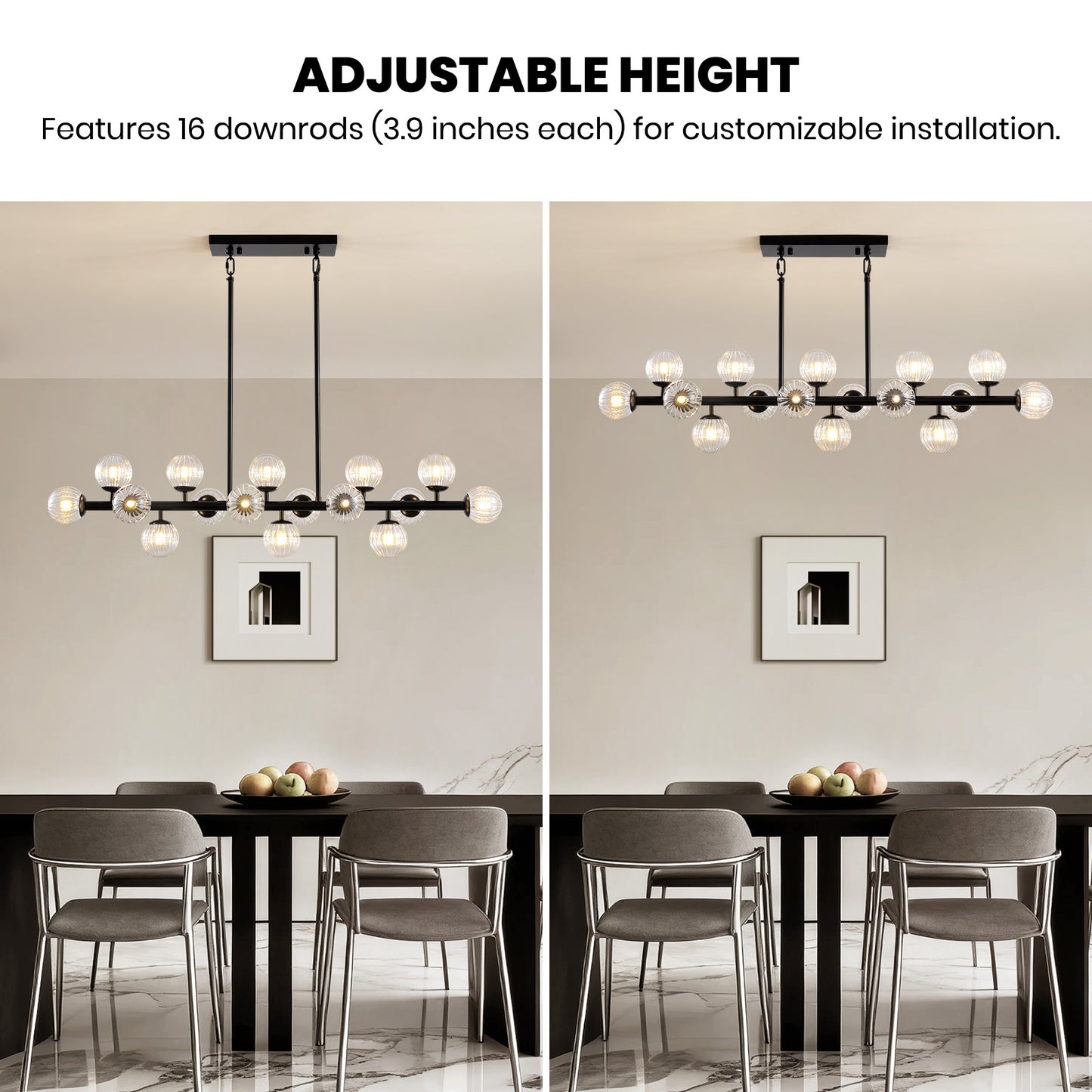 48in 16-Light Black Linear Pendant Light with Clear Glass for Kitchen Island(No Bulbs Included)
