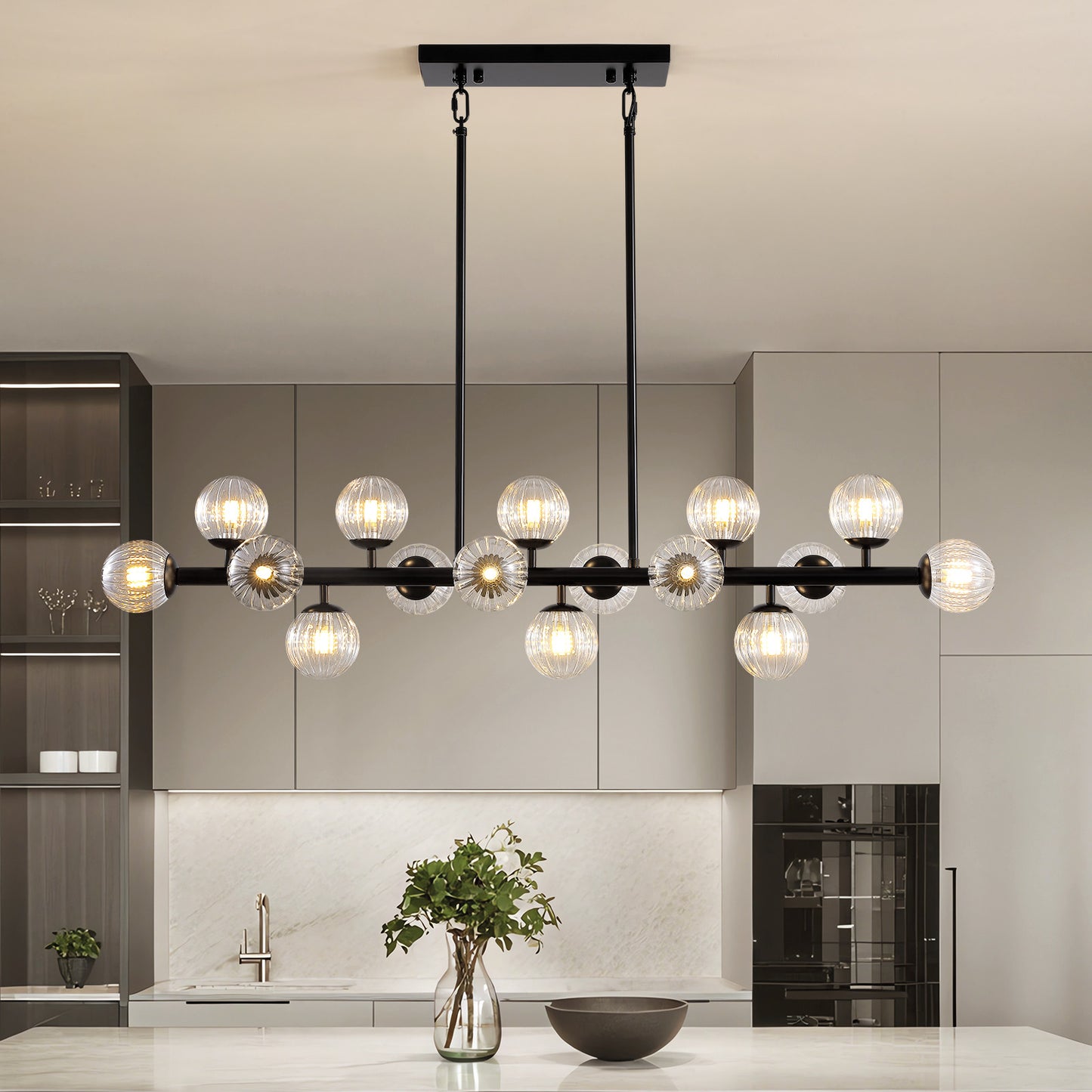 48in 16-Light Black Linear Pendant Light with Clear Glass for Kitchen Island(No Bulbs Included)
