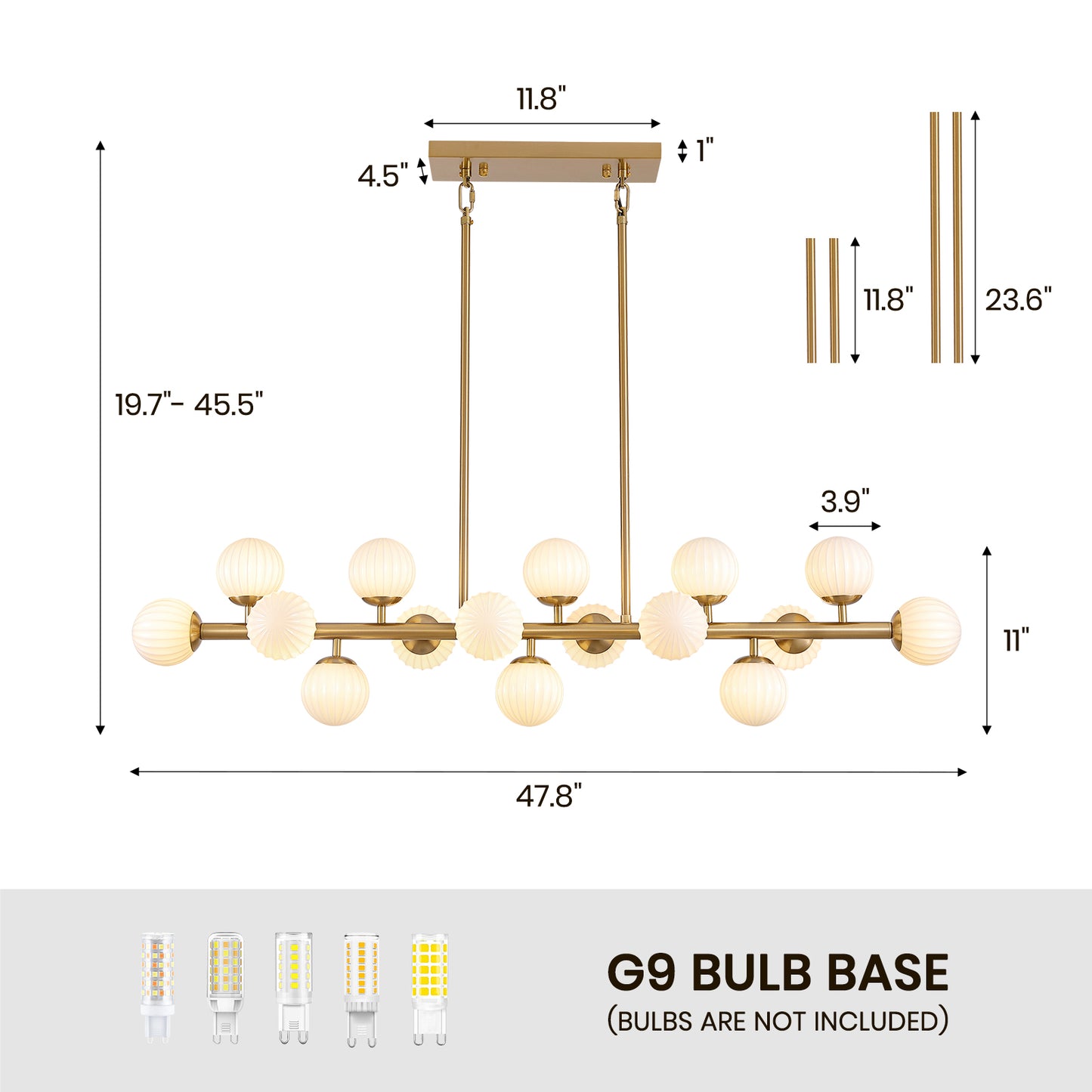 48in 16-Light Adjustable Linear Pendant Light with Iron Frame & Glass (Bulb Not Included)