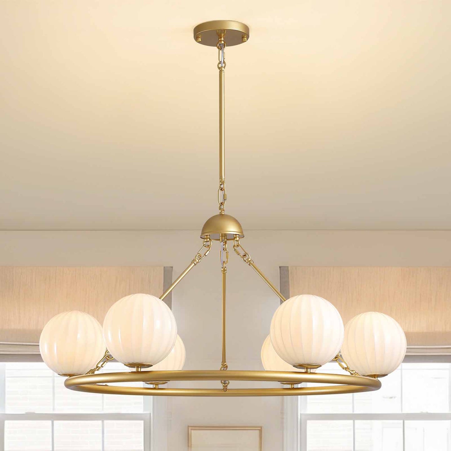Gold 6-Light Molecular Sphere Round Chandelier Beige Striped Glass Shades Adjustable Height Dimmable(No Bulb)Dining Room