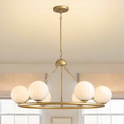 Gold 6-Light Molecular Sphere Round Chandelier Beige Striped Glass Shades Adjustable Height Dimmable(No Bulb)Dining Room