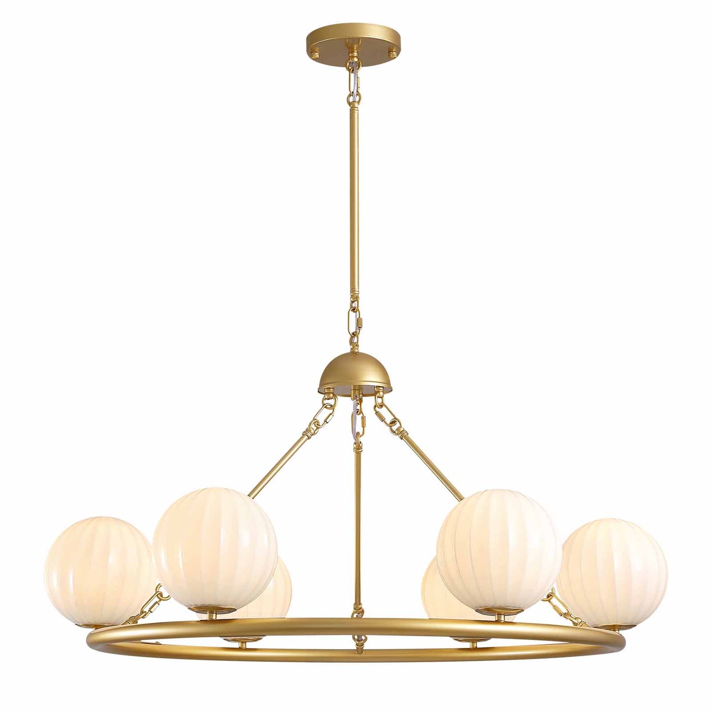 Gold 6-Light Molecular Sphere Round Chandelier Beige Striped Glass Shades Adjustable Height Dimmable(No Bulb)Dining Room