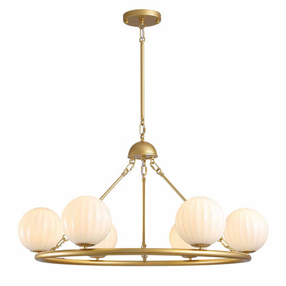 Gold 6-Light Molecular Sphere Round Chandelier Beige Striped Glass Shades Adjustable Height Dimmable(No Bulb)Dining Room