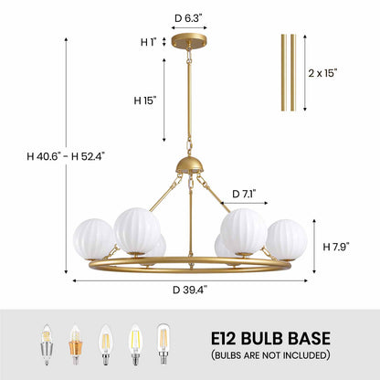 Gold 6-Light Molecular Sphere Round Chandelier Beige Striped Glass Shades Adjustable Height Dimmable(No Bulb)Dining Room