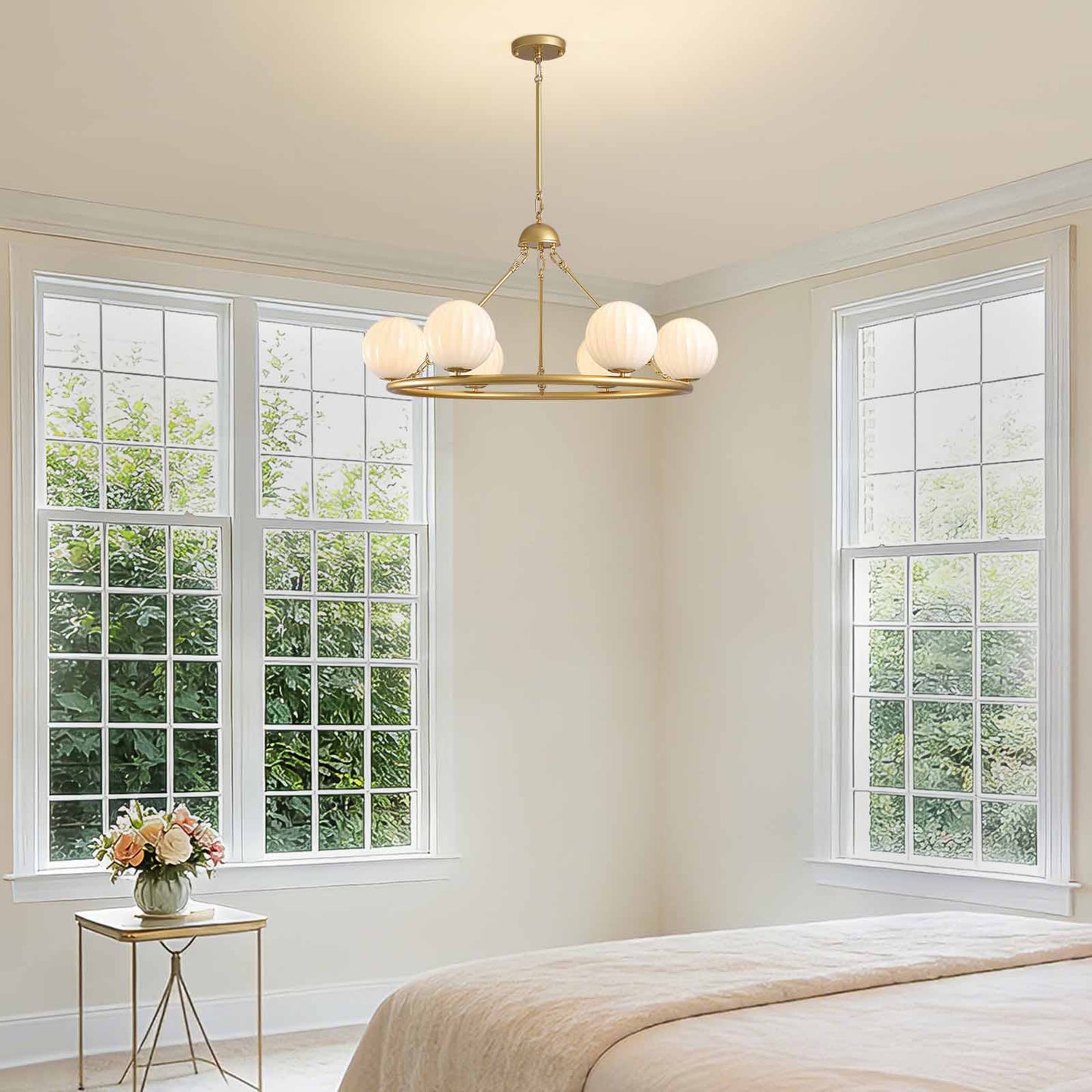 Gold 6-Light Molecular Sphere Round Chandelier Beige Striped Glass Shades Adjustable Height Dimmable(No Bulb)Dining Room