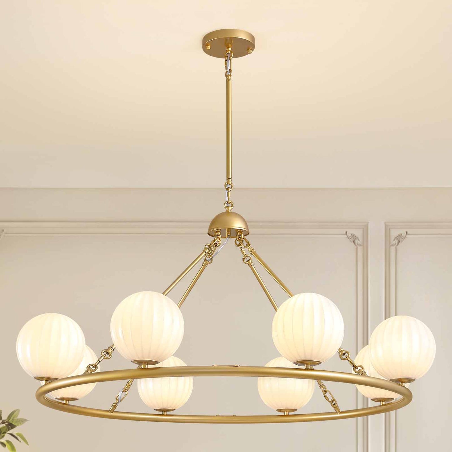 47in 8 Light Golden Round Beige Striped Glass Ball Molecular Pendant Light with Dimmable (Bulb Not Included)