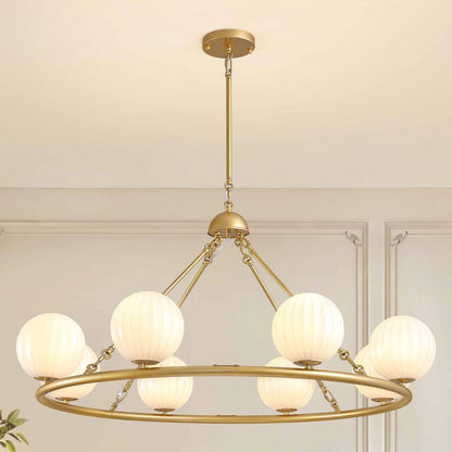 47in 8 Light Golden Round Beige Striped Glass Ball Molecular Pendant Light with Dimmable (Bulb Not Included)
