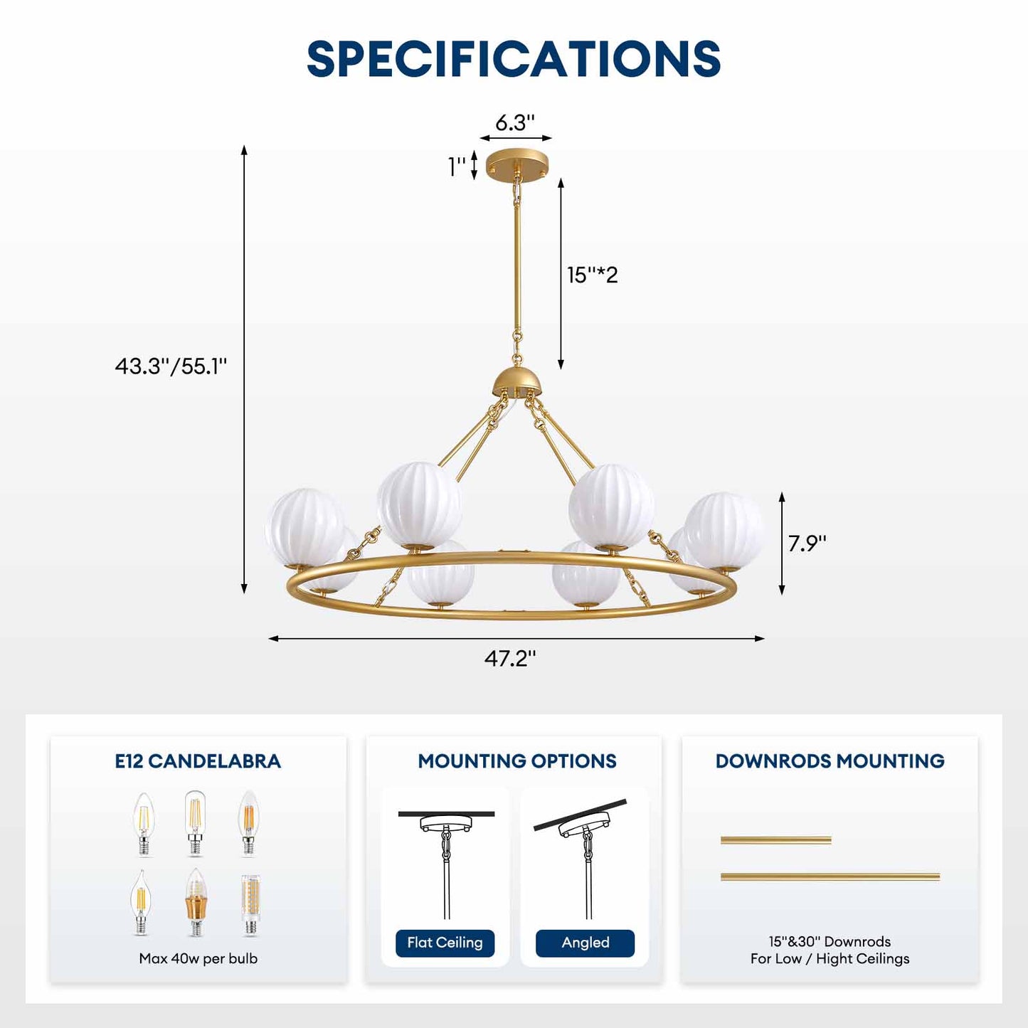 47in 8 Light Golden Round Beige Striped Glass Ball Molecular Pendant Light with Dimmable (Bulb Not Included)
