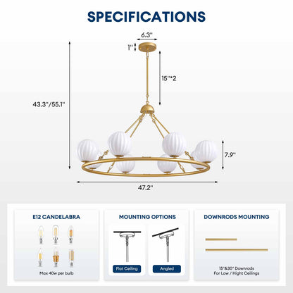 47in 8 Light Golden Round Beige Striped Glass Ball Molecular Pendant Light with Dimmable (Bulb Not Included)