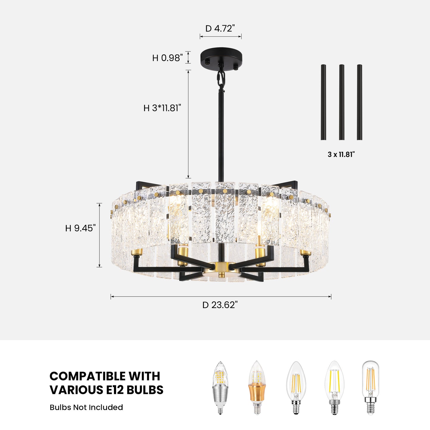 24inch Black and Gold Crackle Glass Chandelier