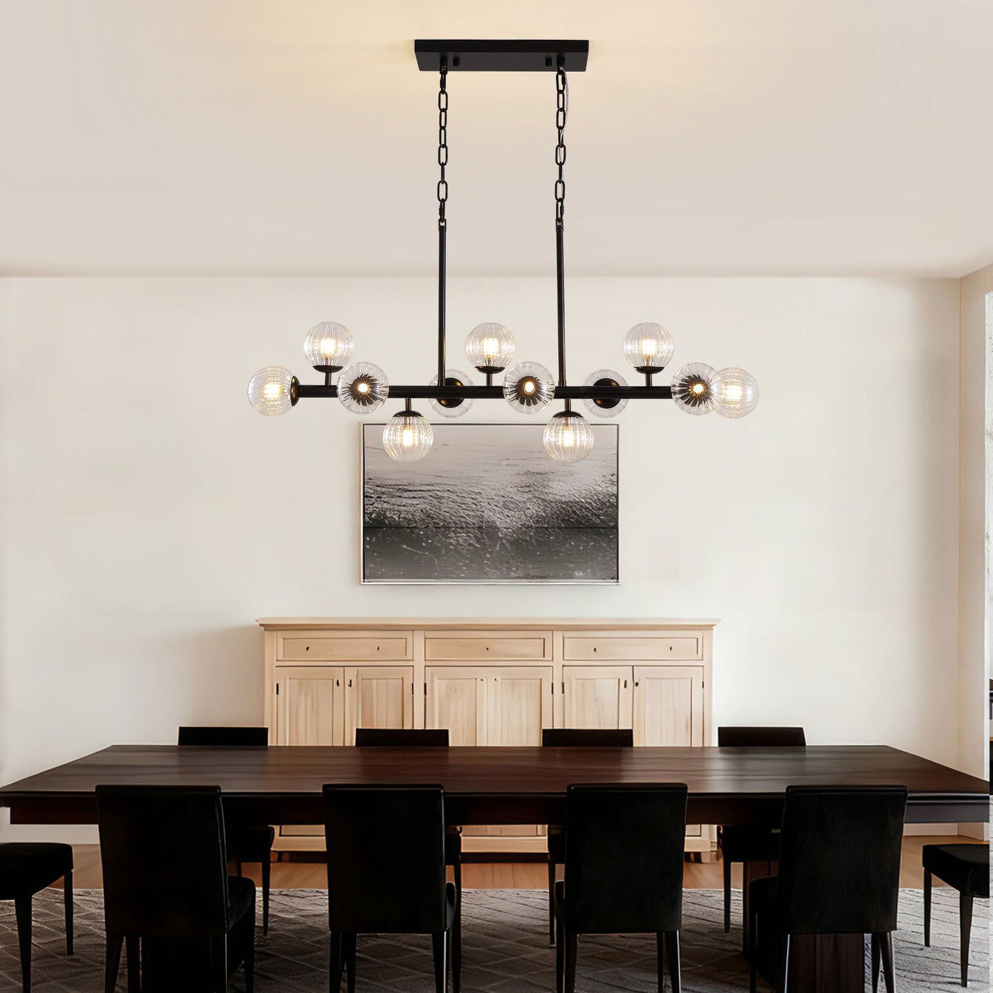 31.5 in. Modern 12-Lights Black Glass Chandelier with Light Dining Room or Kitchen