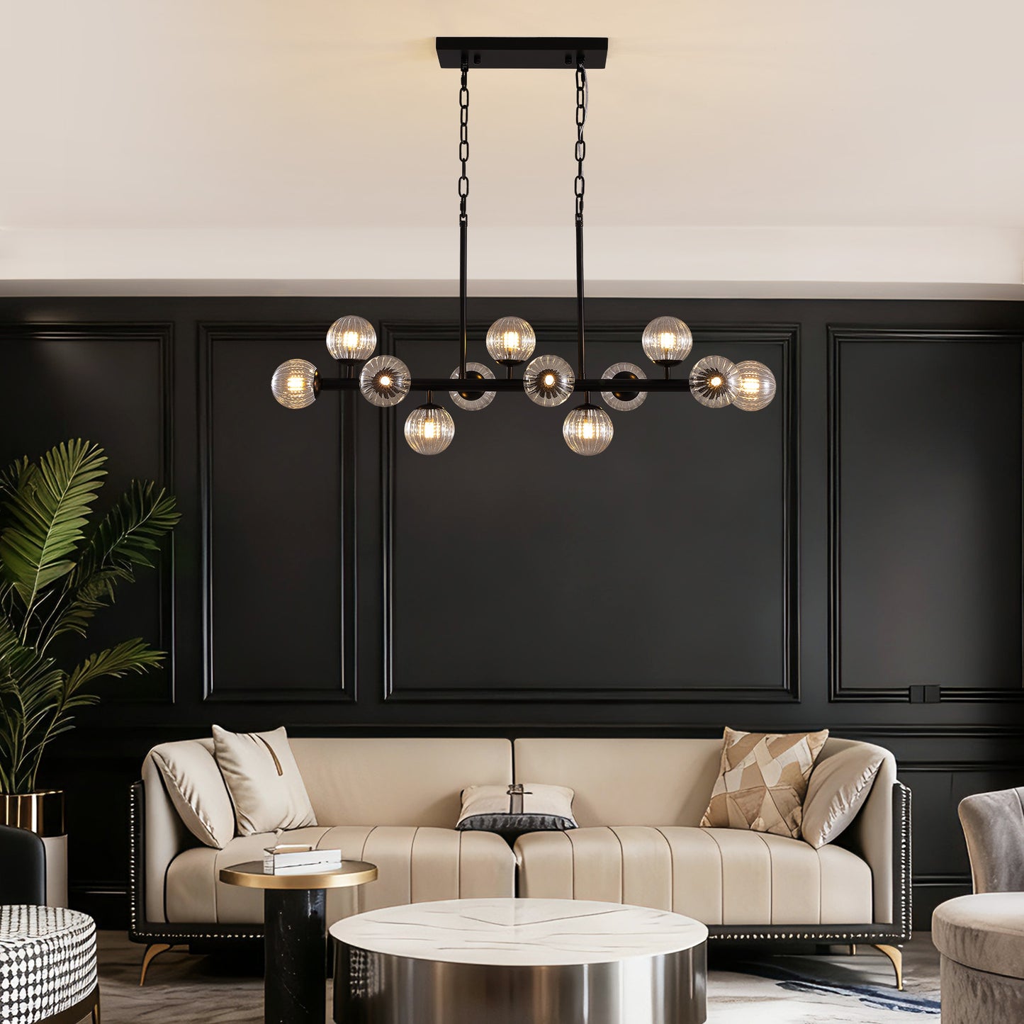31.5 in. Modern 12-Lights Black Glass Chandelier with Light Dining Room or Kitchen