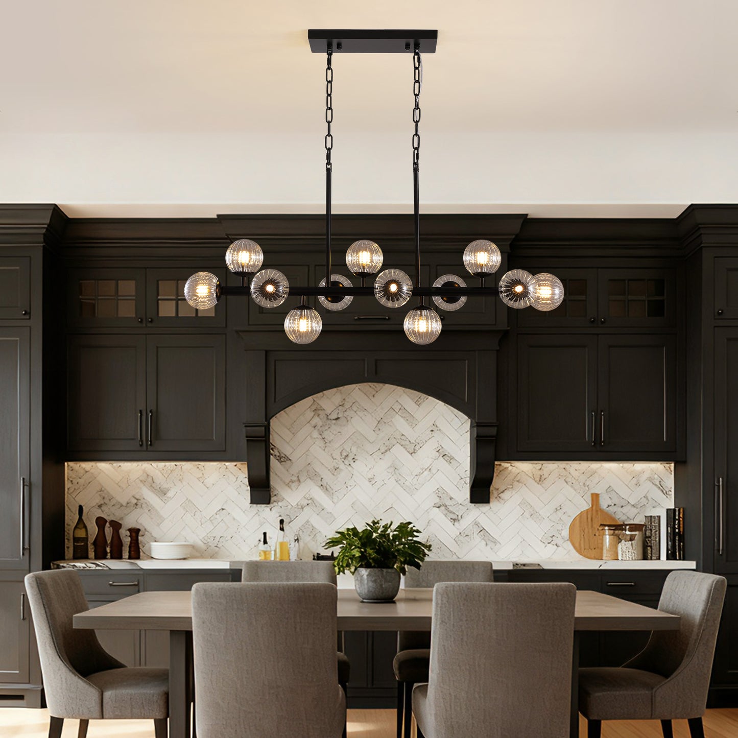 31.5 in. Modern 12-Lights Black Glass Chandelier with Light Dining Room or Kitchen