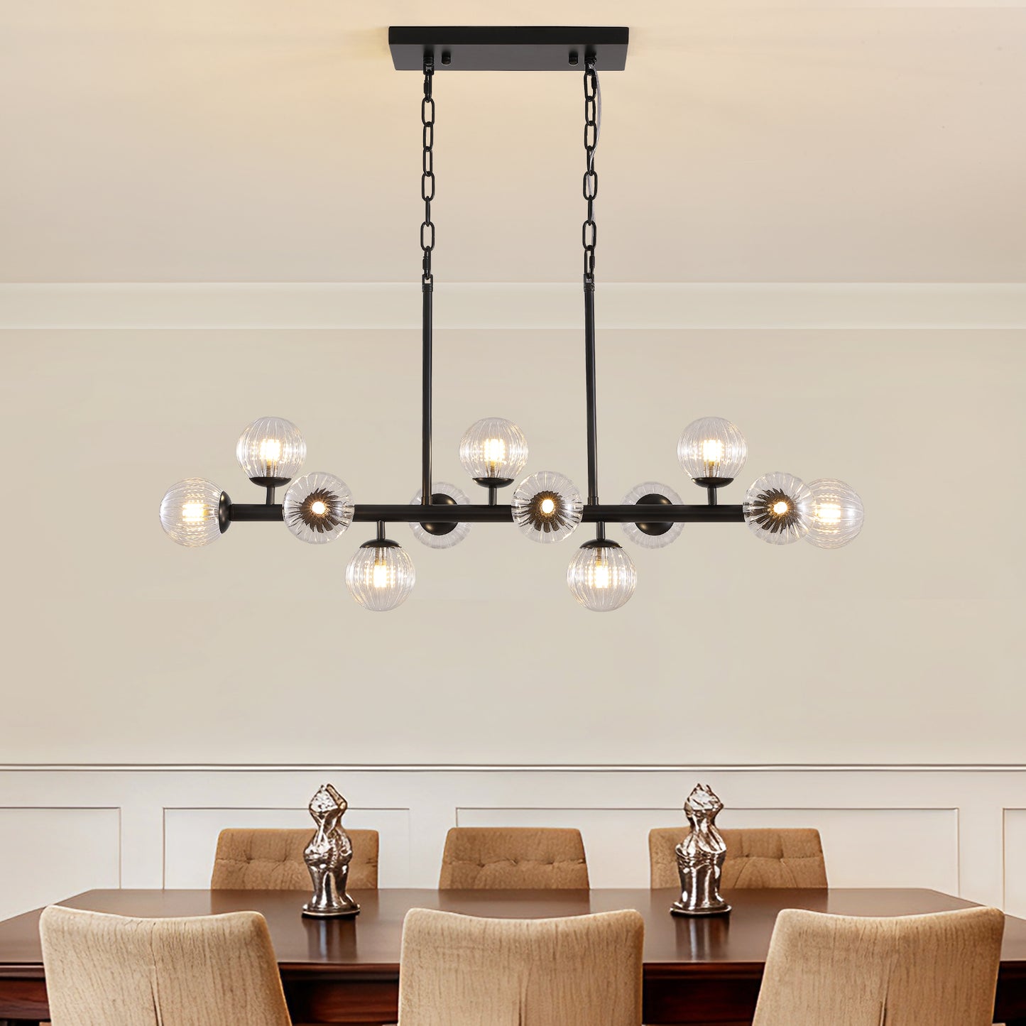 31.5 in. Modern 12-Lights Black Glass Chandelier with Light Dining Room or Kitchen