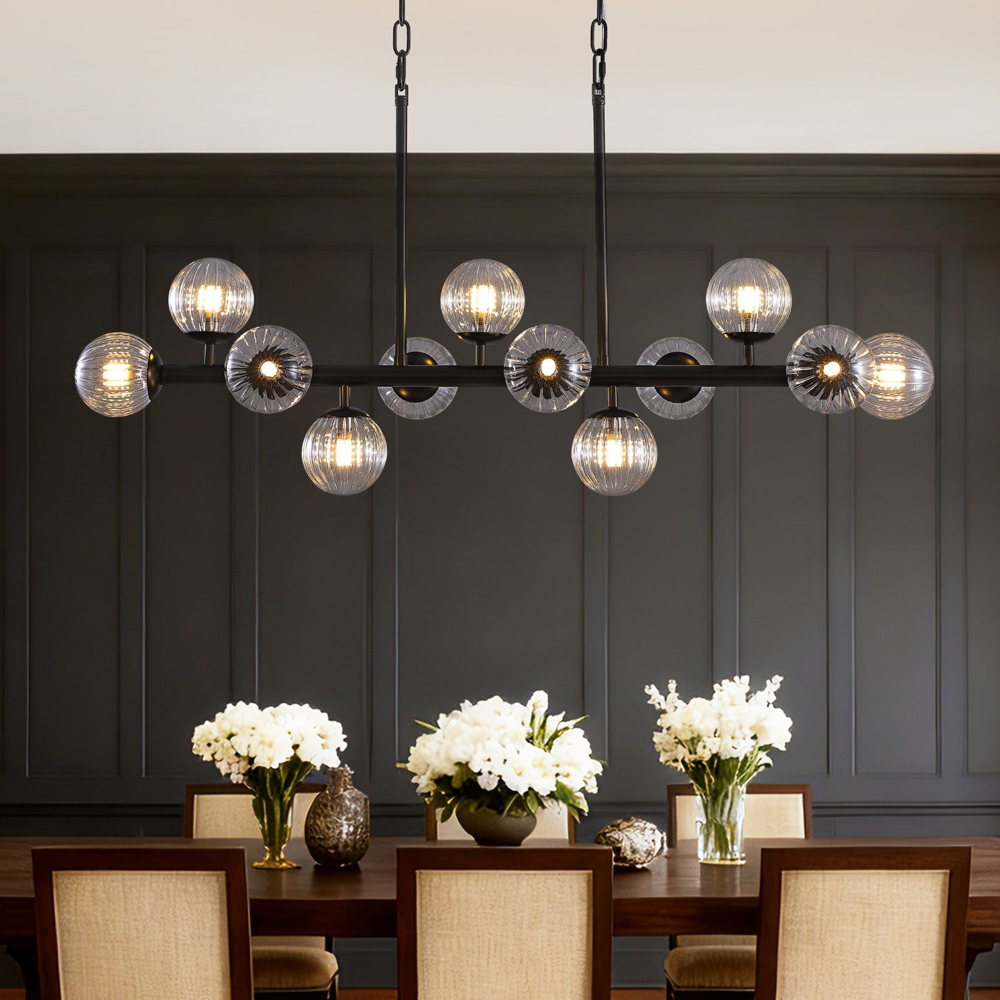 40 in. Modern 12-Light Black Linear Chandelier for Kitchen, Living Room, and Dining Room (Bulbs Not Included)