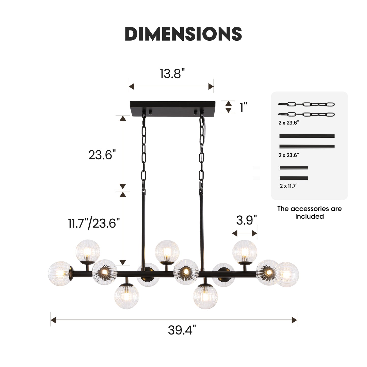 31.5 in. Modern 12-Lights Black Glass Chandelier with Light Dining Room or Kitchen