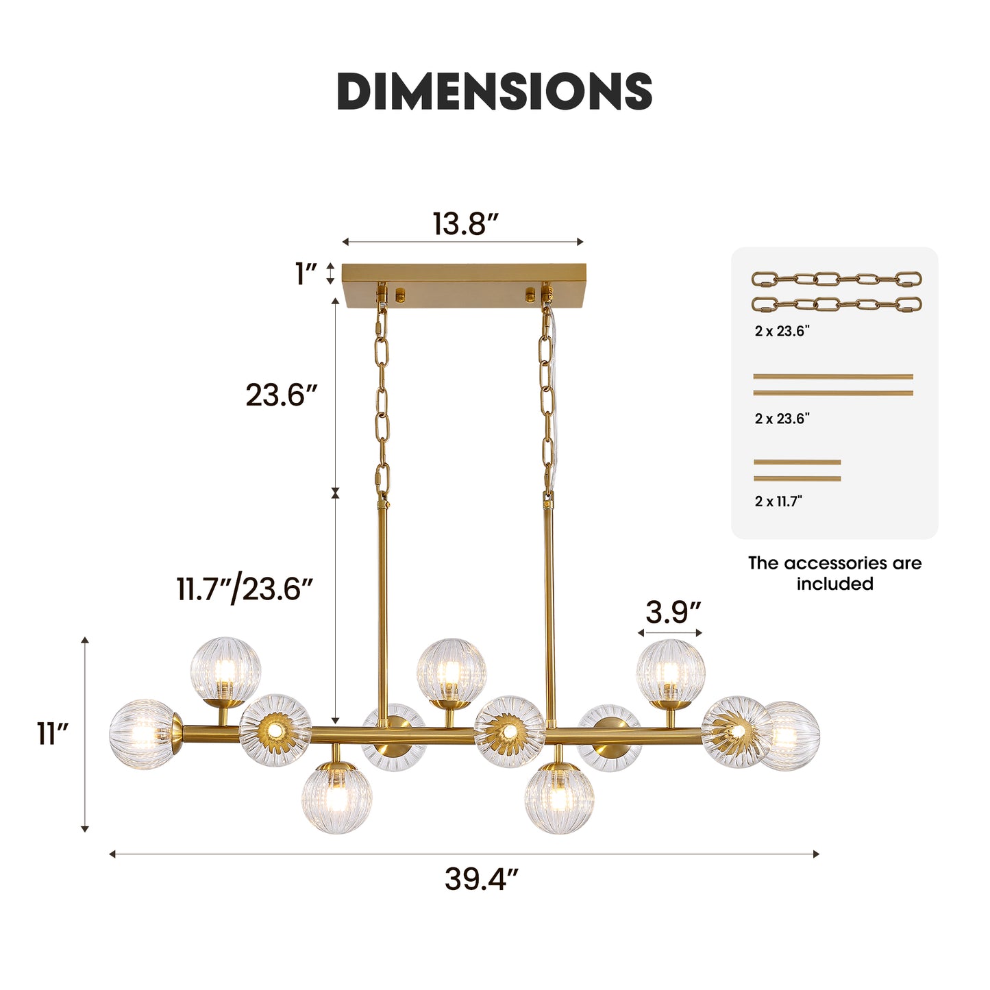 40 in. Modern 12-Light Gold Linear Chandelier for Kitchen, Living Room, and Dining Room (Bulbs Not Included)