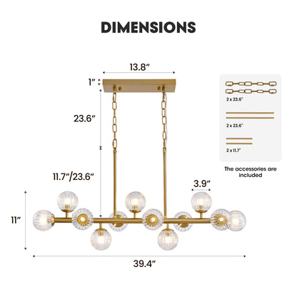 40 in. Modern 12-Light Gold Linear Chandelier for Kitchen, Living Room, and Dining Room (Bulbs Not Included)