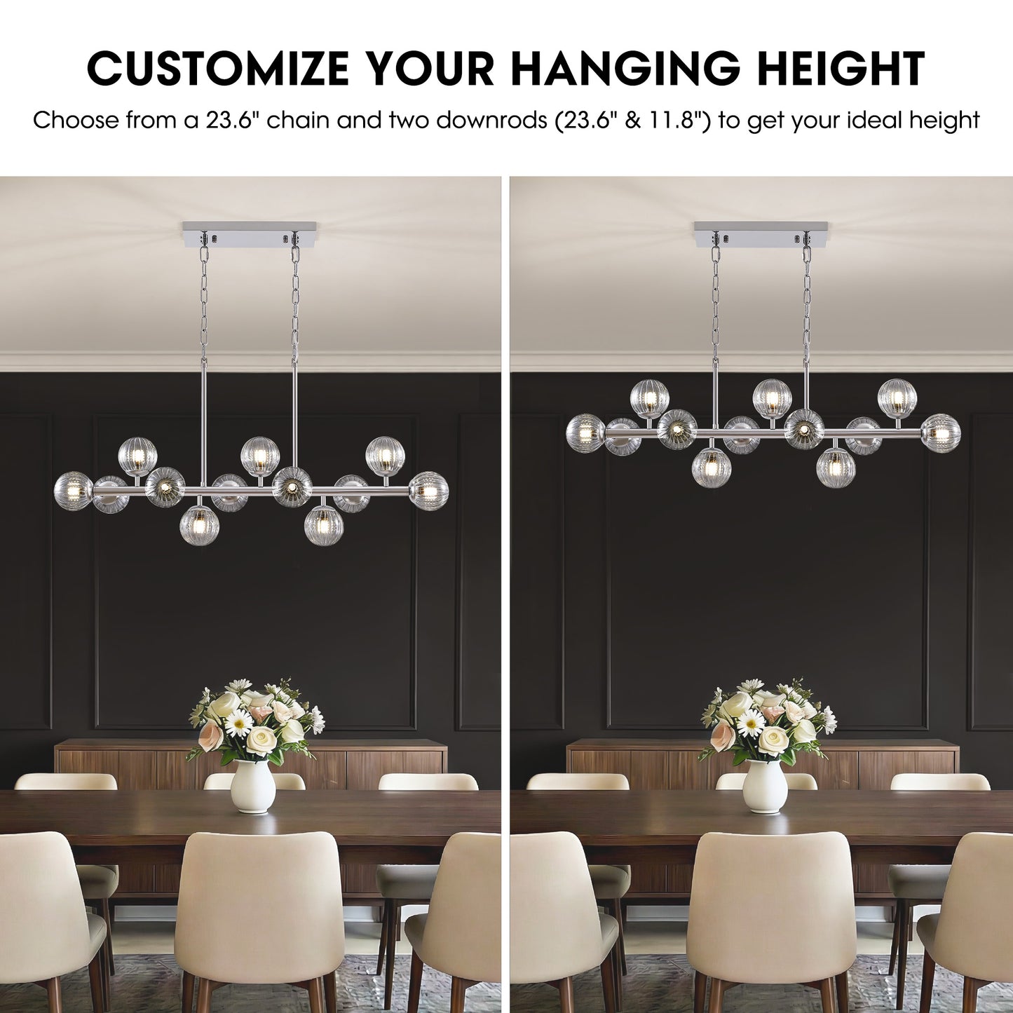 40 in. Modern 12-Light Chrome Linear Chandelier for Kitchen, Living Room, and Dining Room (Bulbs Not Included)