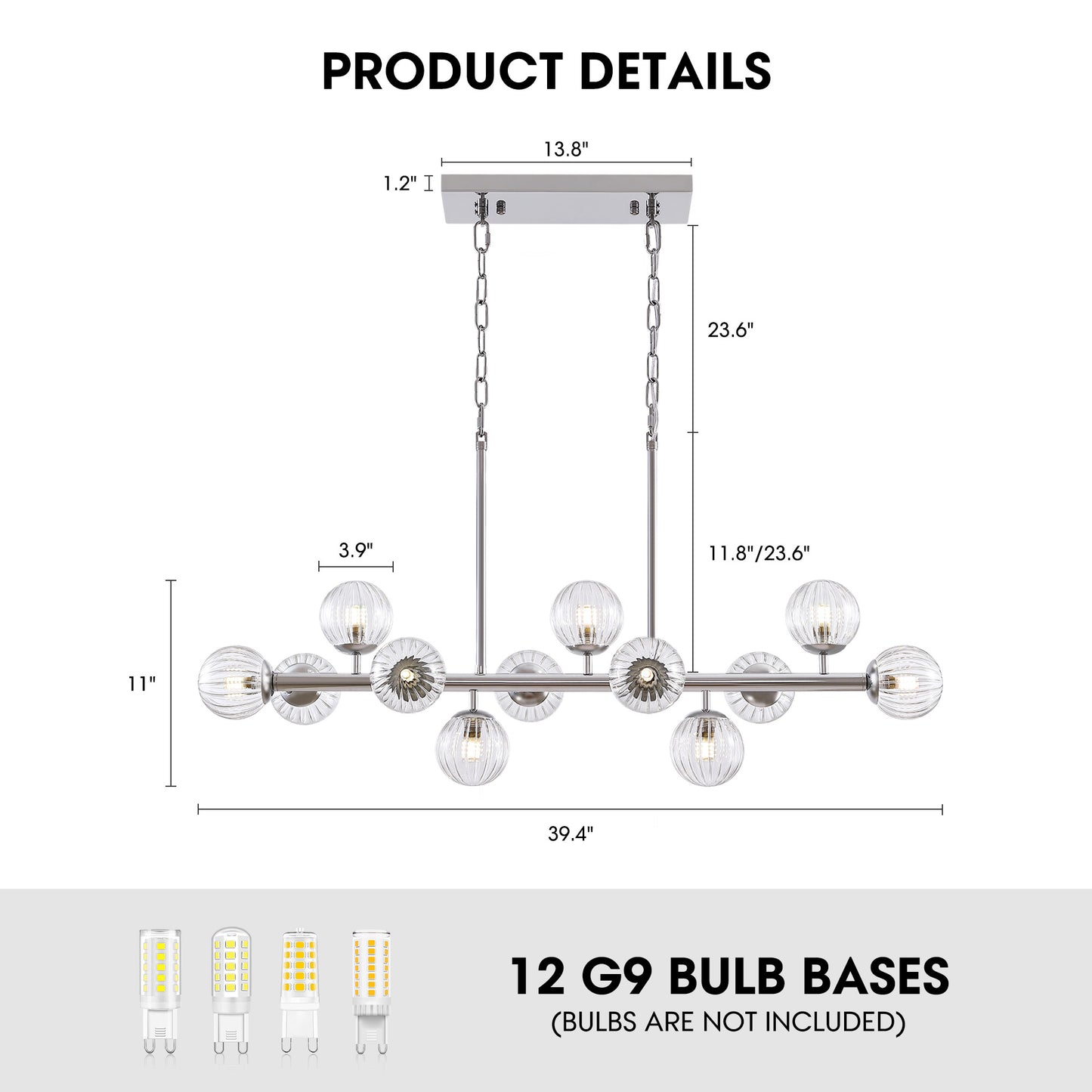 40 in. Modern 12-Light Chrome Linear Chandelier for Kitchen, Living Room, and Dining Room (Bulbs Not Included)