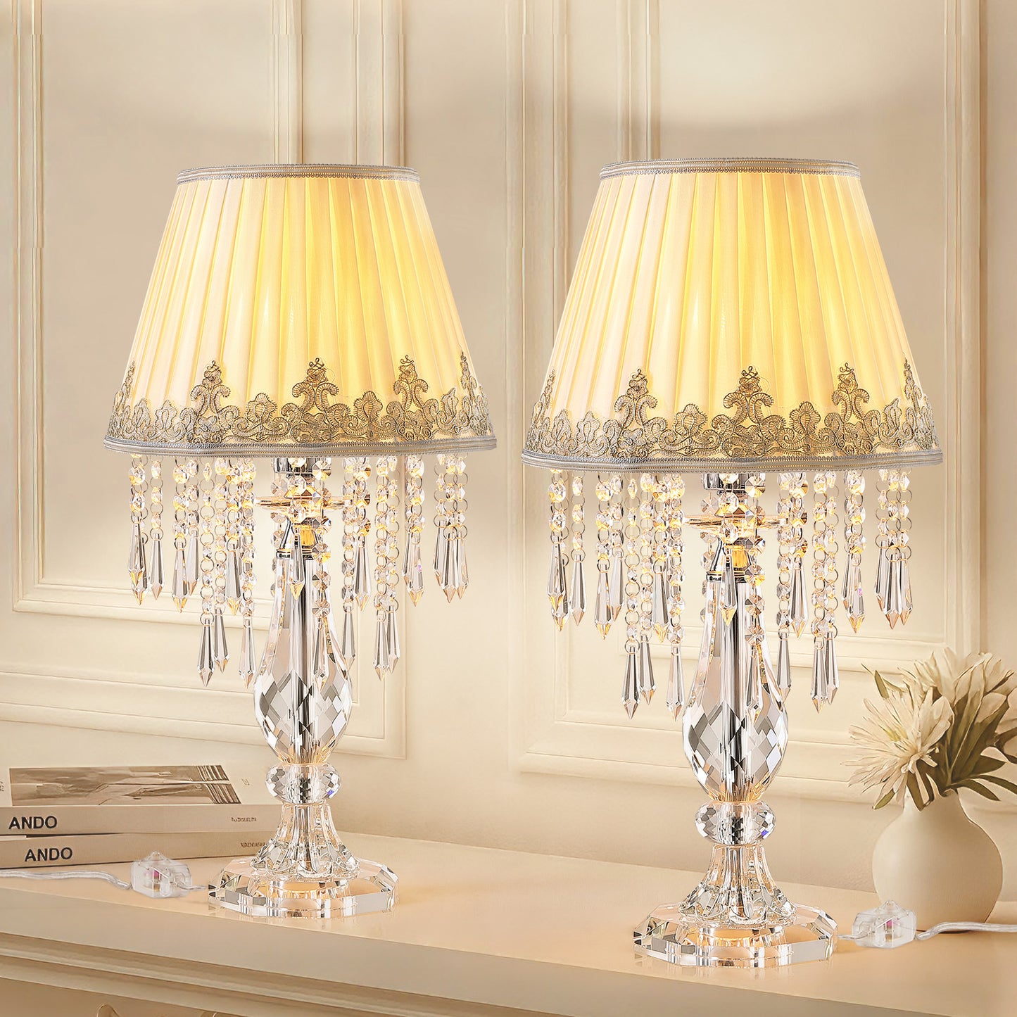Crystal Table Lamp Set of 2, 22.8'' Tall Modern Crystal Bedside Table Lamp, Farmhouse Dimmable Nightstand Lamp with Raindrop K9 Crystals for Living Room Dining Room Bedroom