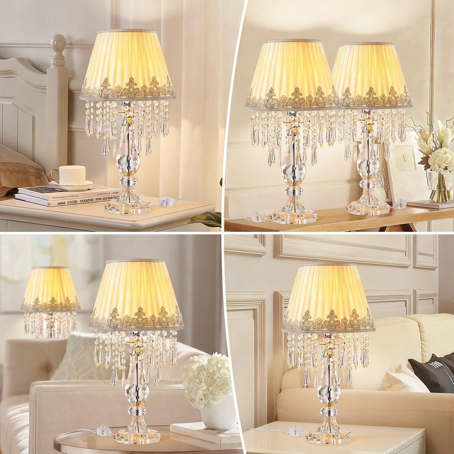 Crystal Table Lamp Set of 2, 22.8'' Tall Modern Crystal Bedside Table Lamp, Farmhouse Dimmable Nightstand Lamp with Raindrop K9 Crystals for Living Room Dining Room Bedroom