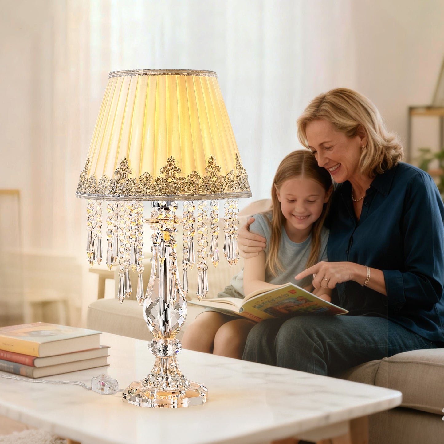 Crystal Table Lamp Set of 2, 22.8'' Tall Modern Crystal Bedside Table Lamp, Farmhouse Dimmable Nightstand Lamp with Raindrop K9 Crystals for Living Room Dining Room Bedroom