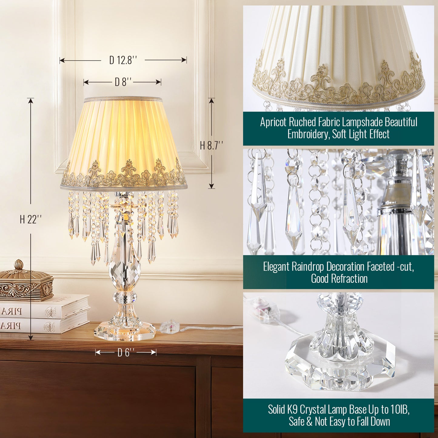 Crystal Table Lamp Set of 2, 22.8'' Tall Modern Crystal Bedside Table Lamp, Farmhouse Dimmable Nightstand Lamp with Raindrop K9 Crystals for Living Room Dining Room Bedroom