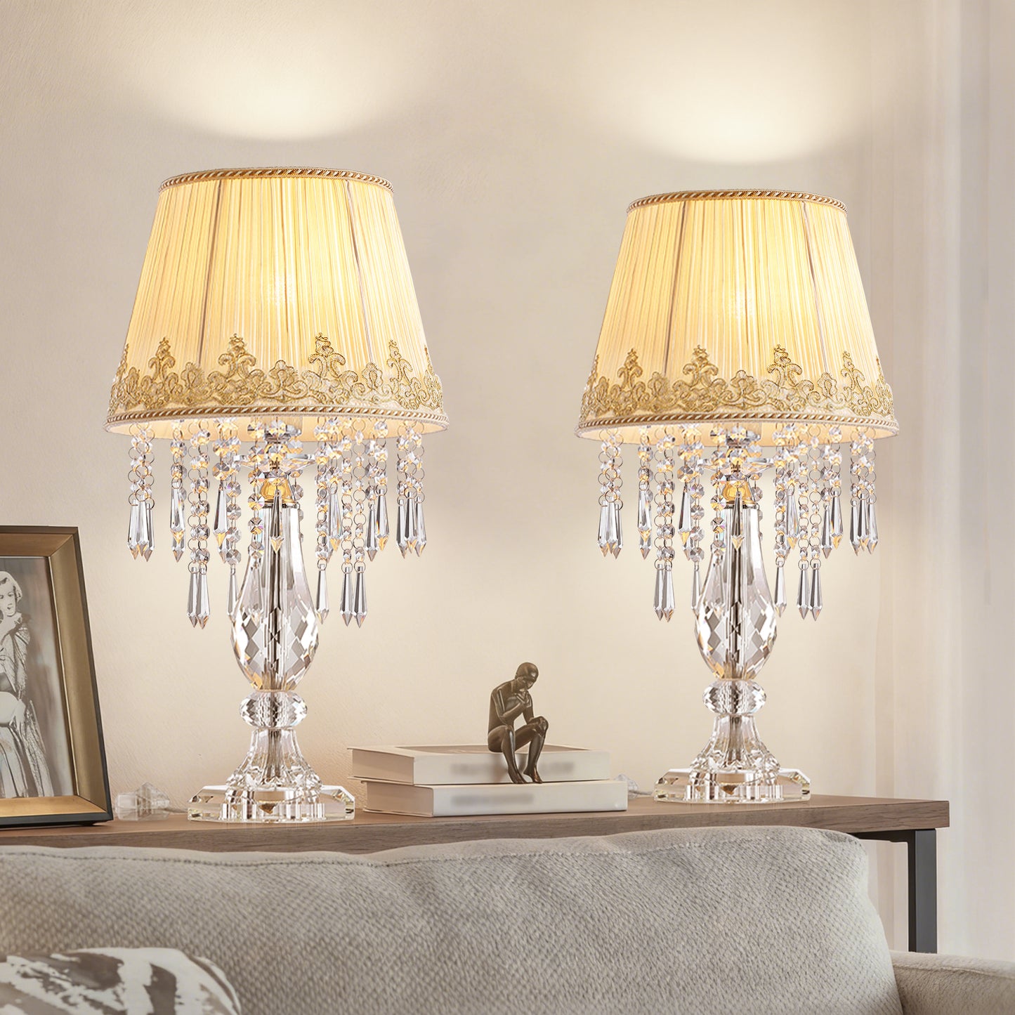 Table Lamp Set of 2, Bedside Lamps with Beige Chiffon Fabric Lampshade, Dimmable Plug-in Nightstand Reading Lamps with Raindrop Crystals for Bedroom, Living Room