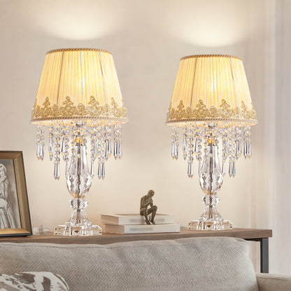 Table Lamp Set of 2, Bedside Lamps with Beige Chiffon Fabric Lampshade, Dimmable Plug-in Nightstand Reading Lamps with Raindrop Crystals for Bedroom, Living Room