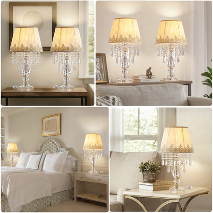 Table Lamp Set of 2, Bedside Lamps with Beige Chiffon Fabric Lampshade, Dimmable Plug-in Nightstand Reading Lamps with Raindrop Crystals for Bedroom, Living Room