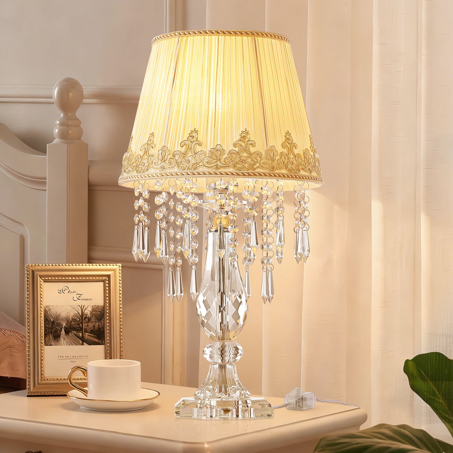 Table Lamp Set of 2, Bedside Lamps with Beige Chiffon Fabric Lampshade, Dimmable Plug-in Nightstand Reading Lamps with Raindrop Crystals for Bedroom, Living Room