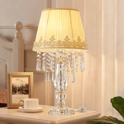 Table Lamp Set of 2, Bedside Lamps with Beige Chiffon Fabric Lampshade, Dimmable Plug-in Nightstand Reading Lamps with Raindrop Crystals for Bedroom, Living Room