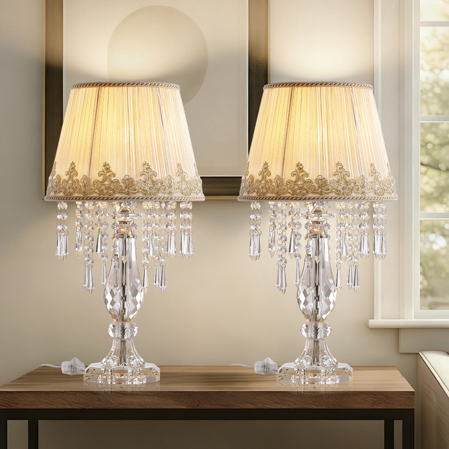 Table Lamp Set of 2, Bedside Lamps with Beige Chiffon Fabric Lampshade, Dimmable Plug-in Nightstand Reading Lamps with Raindrop Crystals for Bedroom, Living Room