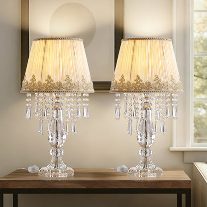 Table Lamp Set of 2, Bedside Lamps with Beige Chiffon Fabric Lampshade, Dimmable Plug-in Nightstand Reading Lamps with Raindrop Crystals for Bedroom, Living Room
