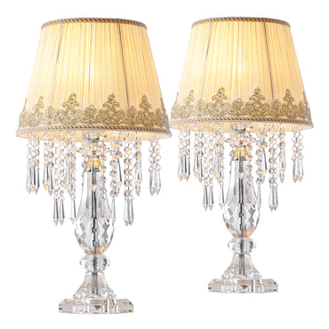 Table Lamp Set of 2, Bedside Lamps with Beige Chiffon Fabric Lampshade, Dimmable Plug-in Nightstand Reading Lamps with Raindrop Crystals for Bedroom, Living Room