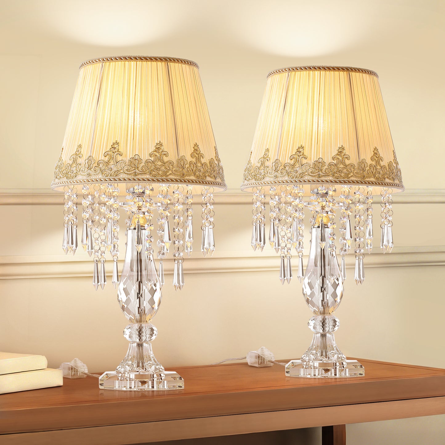 Table Lamp Set of 2, Bedside Lamps with Beige Chiffon Fabric Lampshade, Dimmable Plug-in Nightstand Reading Lamps with Raindrop Crystals for Bedroom, Living Room