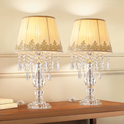 Table Lamp Set of 2, Bedside Lamps with Beige Chiffon Fabric Lampshade, Dimmable Plug-in Nightstand Reading Lamps with Raindrop Crystals for Bedroom, Living Room