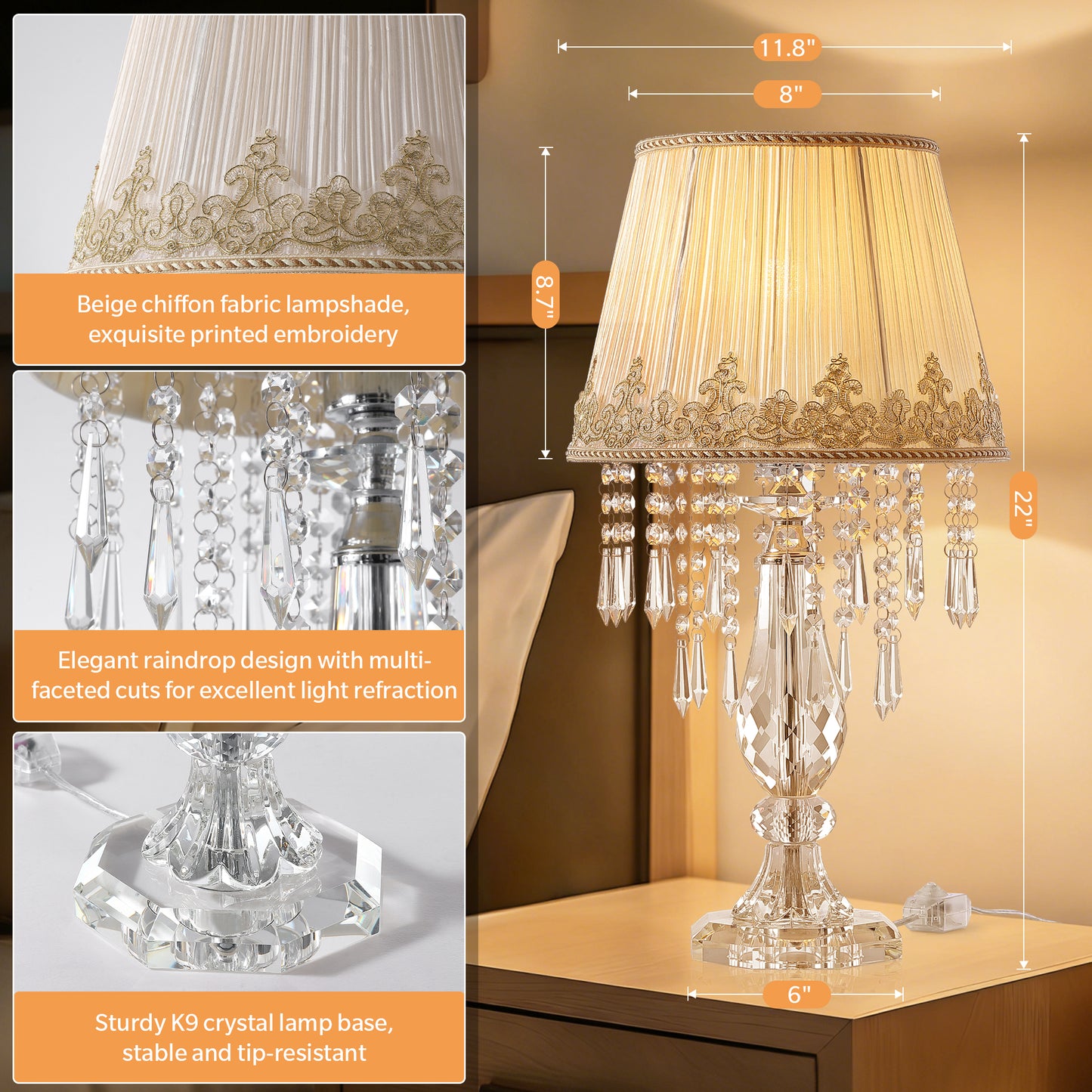 Table Lamp Set of 2, Bedside Lamps with Beige Chiffon Fabric Lampshade, Dimmable Plug-in Nightstand Reading Lamps with Raindrop Crystals for Bedroom, Living Room