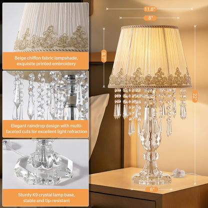 Table Lamp Set of 2, Bedside Lamps with Beige Chiffon Fabric Lampshade, Dimmable Plug-in Nightstand Reading Lamps with Raindrop Crystals for Bedroom, Living Room