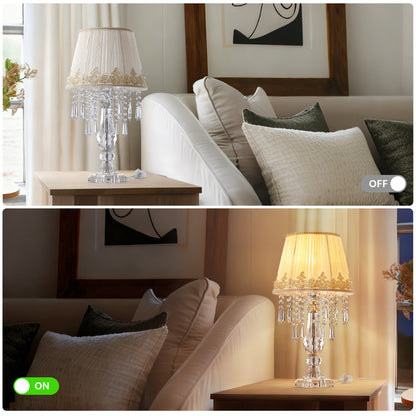 Table Lamp Set of 2, Bedside Lamps with Beige Chiffon Fabric Lampshade, Dimmable Plug-in Nightstand Reading Lamps with Raindrop Crystals for Bedroom, Living Room